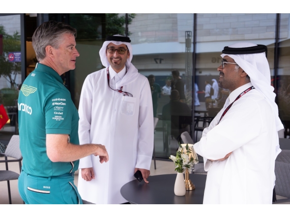 Andy Stevenson, Sporting Director of Aston Martin with LIC and QMMF President Abdulrahman bin Abdullatif Al-Mannai and LIC CEO Abdulaziz Ali Al Mohannadi