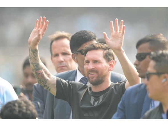Inter Miami's Argentine forward #10 Lionel Messi arrives at the Salt Lake Stadium in Kolkata on December 13, 2025. (Photo by Dibyangshu Sarkar / AFP)