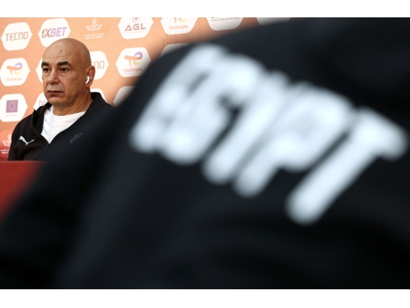 Egypt's head coach Hossam Hassan attends a press conference at the Agadir Grand Stadium, Morocco, on December 21, 2025, on the eve of the 2025 Africa Cup of Nations (CAN) football match between Egypt and Zimbabwe. (Photo by FRANCK FIFE / AFP)