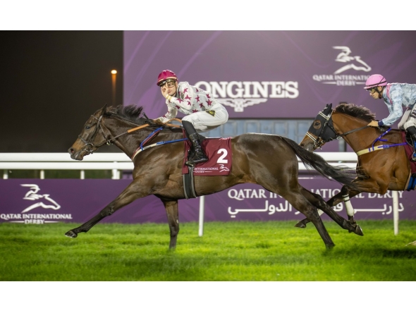 Jockey Lukas Delozier celebrates after guiding Bint Mohaather to win the QA Listed Qatar Oaks. Pictures: Juhaim/QREC