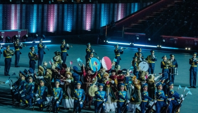 Central Military Band of the Armed Forces of the Republic of Kazakhstan performing 'Lel Ulla Ya Watani' at The Pearl-Qatar.