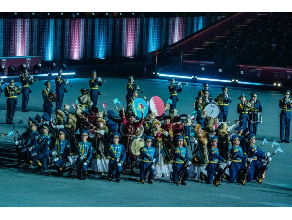 Central Military Band of the Armed Forces of the Republic of Kazakhstan performing 'Lel Ulla Ya Watani' at The Pearl-Qatar.