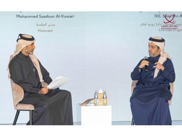 Chairman of Qatar Tourism H E Saad bin Ali Al Kharji (right) speaking at the session yesterday. 
