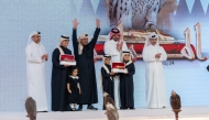 QOC President and Patron of Qatar International Falconry and Hunting Festival (Marmi 2026) H E Sheikh Joaan bin Hamad Al Thani crowning winners of the falcon beauty contest at the Katara Cultural Village Foundation yesterday.
