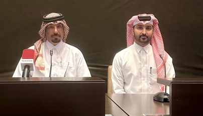 Head of the Organising Committee Hassan Al Ishaq and Executive Director of the Qatar Sports for All Federation Abdullah Al Dosari speak at a press conference. 