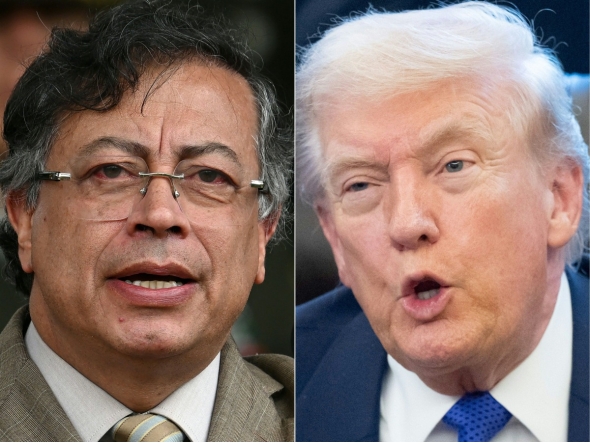 (COMBO) This combination of pictures created on February 03, 2026 shows (L/R) Colombia's President Gustavo Petro in Bogota on November 13, 2025 and US President Donald Trump in the Oval Office of the White House in Washington, DC, on February 2, 2026. (Photo by Raul ARBOLEDA and SAUL LOEB / AFP)