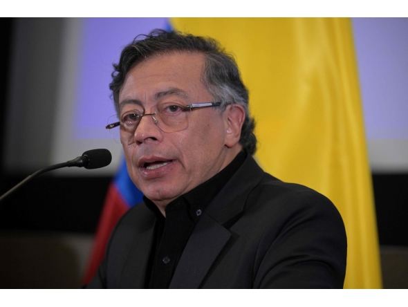 (FILES) Colombian President Gustavo Petro speaks during a press conference at the Colombian Embassy in Washington, DC, on February 3, 2026. (Photo by Oliver Contreras / AFP)