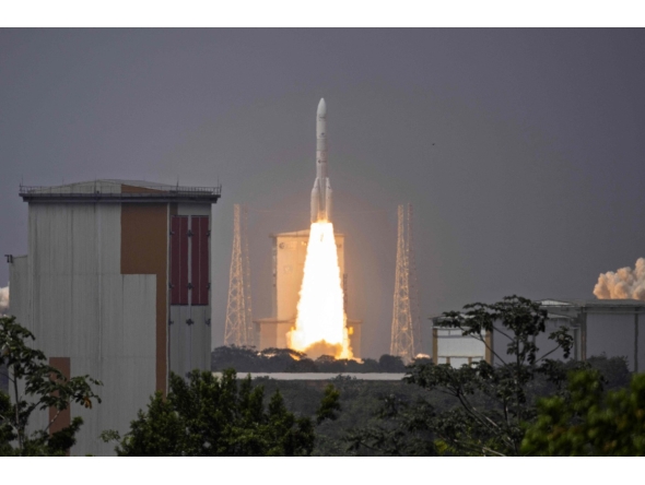 An Ariane 6 rocket carrying 32 satellites for the Amazon Leo constellation launches at the Guiana Space Centre in Kourou, on the French overseas department of Guiana, on February 12, 2026. (Photo by Ronan LIETAR / AFP)