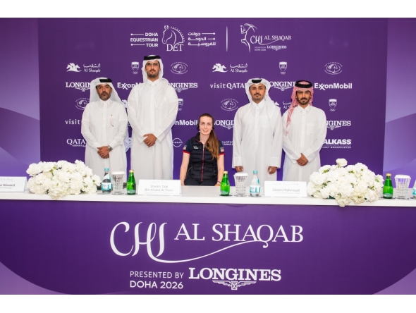 Assistant Deputy Director of the Doha Equestrian Tour Sheikh Talal bin Khalid Al-Thani, Director of Communications and Public Relations at Visit Qatar Jassim Al Mahmoud, American para dressage rider Fiona Howard and Director of Marketing and Communications Abdullah Al Qashouti pose for a group photo after the press conference.  