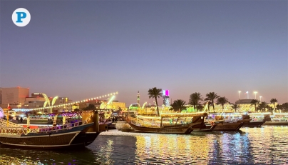 Traditional wooden dhows illuminated with decorative lights are seen moored along the Doha Corniche on February 21, 2026. Photo by Vishnu Prasad KS/ The Peninsula