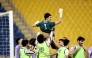 Muaither's goalkeeper Majed Abdullatif is tossed in the air as players celebrate their win over Al Arabi in the semi-final.