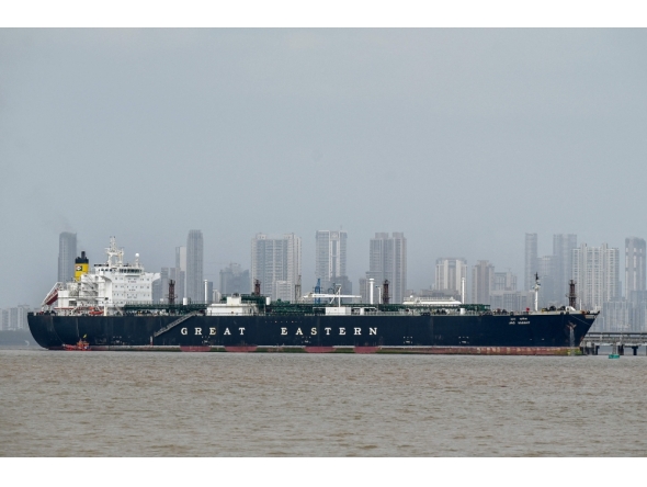 Jag Vasant, an Indian-flagged tanker carrying liquefied petroleum gas (LPG) that transited through the Strait of Hormuz, remains docked at an offloading terminal along the coast in Mumbai on April 1, 2026. (Photo by Punit Paranjpe / AFP)