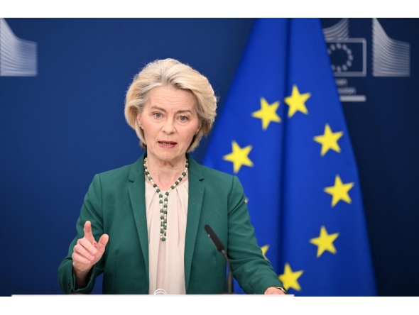 European Commission President Ursula von der Leyen addresses a statement about the EU digital age verification app in Brussels on April 15, 2026. (Photo by Nicolas TUCAT / AFP)