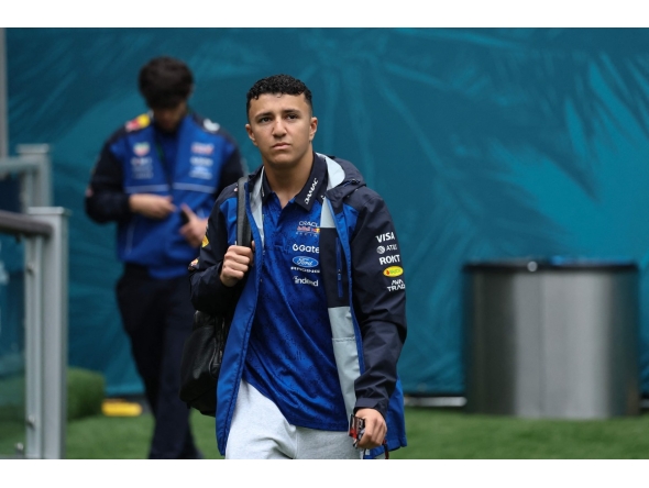 Red Bull Racing's French driver Isack Hadjar arrives ahead of the 2026 Miami Formula One Grand Prix at Miami International Autodrome in Miami Gardens, Florida, on May 3, 2026. Photo by CHARLY TRIBALLEAU / AFP