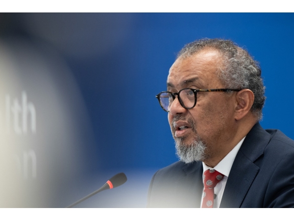This handhout photograph taken and released on May 7, 2026 by the World Health Organization (WHO) shows its Director-General Tedros Adhanom Ghebreyesus speaking during a virtual press conference on the hantavirus cluster linked to a cruise ship travel, at the WHO headquarters, in Geneva. Photo by CHRISTOPHER BLACK / WORLD HEALTH ORGANIZATION / AFP
