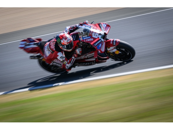 Ducati Lenovo Team's Italian rider Francesco Bagnaia corners during the qualifying session of the Moto GP Grand Prix of France at Le Mans, northwestern France, on May 9, 2026. Photo by Loic VENANCE / AFP