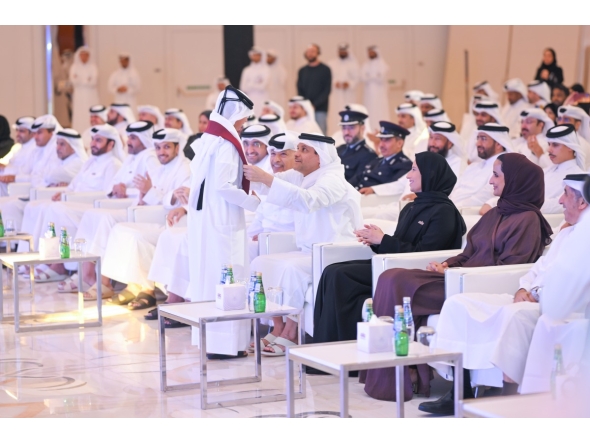 Speaker of Shura Council H E Hassan bin Abdullah Al Ghanim and Deputy Prime Minister and Minister of State for Defense Affairs H E Sheikh Saud bin Abdulrahman bin Hassan Al Thani with Their Excellencies Ministers and other dignitaries during the launch of  National Volunteer Platform.