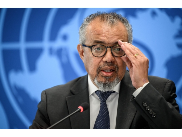 World Health Organization (WHO) Director-General Tedros Adhanom Ghebreyesus speaks during a press conference on Ebola outbreak in Democratic Republic of Congo and Uganda, at the UN health agency's headquarters in Geneva on May 20, 2026. Photo by FABRICE COFFRINI / AFP