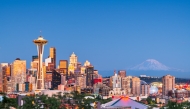 The Seattle skyline with Mount Rainier in the distance.