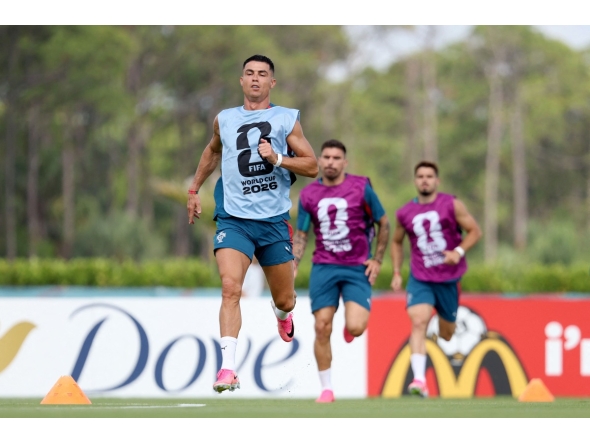 Cristiano Ronaldo of Portugal runs during a training session.