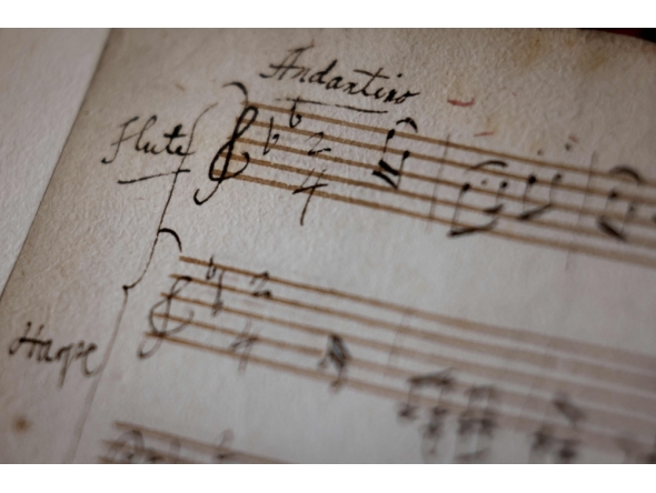 This photograph shows an original fragment of Wolfgang Amadeus Mozart music handwritten notebook at Richelieu Library (Bibliotheque Nationale de France-National Library of France-BnF) in Paris. I(Photo by Kenzo TRIBOUILLARD / AFP)