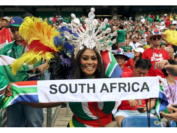 A South African fan cheers for her team during the 2026 World Cup Group A football match in Guadalupe, Mexico, on June 24, 2026. (Photo by Julio Cesar Aguilar / AFP)
