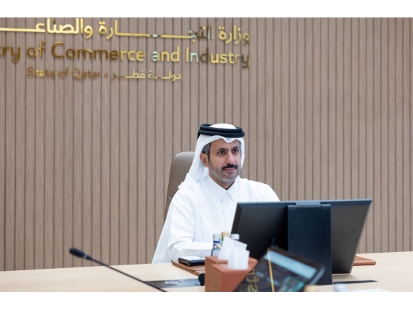 Minister of Commerce and Industry H E Sheikh Faisal bin Thani bin Faisal Al Thani during the virtual meeting.