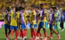 Colombia players celebrate after the 1-0 win during the FIFA World Cup 2026 Round of 32 match between Colombia and Ghana at Kansas City Stadium o in Kansas City, Missouri.  (Photo by David Ramos / AFP)