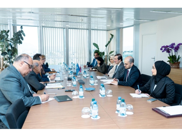 Minister of State for Foreign Trade H E Dr. Ahmed bin Mohammed Al-Sayed with heads of international organisations during the meeting.