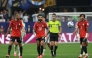 Egypt's defender #05 Ramy Rabia, forward #10 Mohamed Salah and defender #03 Mohamed Hany react during the 2026 World Cup round of 16 football match between Argentina and Egypt at Atlanta Stadium in Atlanta on July 7, 2026. (Photo by Odd Andersen / AFP)