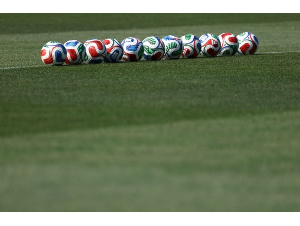 Trionda balls are arranged in a line during a France's MD-1 training session at Bentley University in Waltham, near Boston, on July 8, 2026. (Photo by Franck Fife / AFP)
 