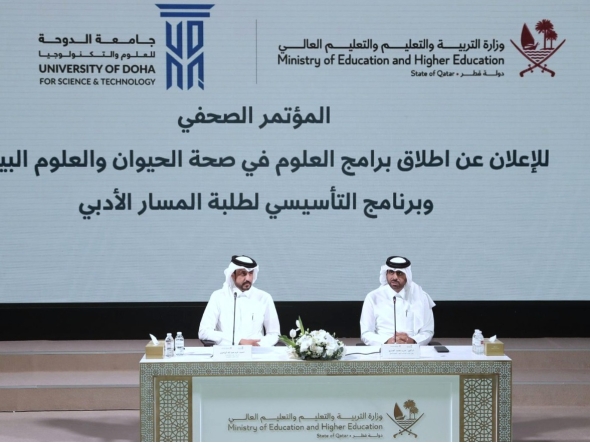 Assistant Undersecretary for Higher Education Affairs at the Ministry, Dr. Hareb Mohamed Aljabri (right) speaking at a press conference yesterday.