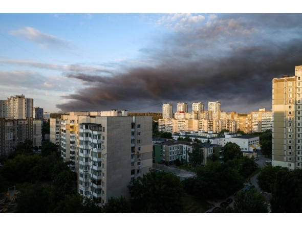 Smoke hangs in the air following Russian missile strikes on the Ukrainian capital of Kyiv on July 19, 2026, amid the Russian invasion in Ukraine. (Photo by Serhii Okunev / AFP)