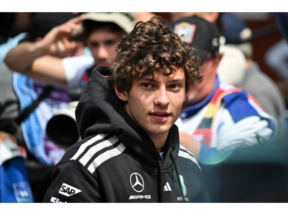 Mercedes' Italian driver Kimi Antonelli reacts as he takes part in the drivers parade ahead of the Formula One Belgian Grand Prix at the Spa-Francorchamps circuit, in Spa, on July 19, 2026. (Photo by Andrej Isakovic/ AFP)