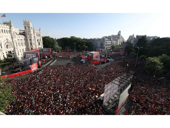 Spain fans pack Cibeles Square in Madrid.
