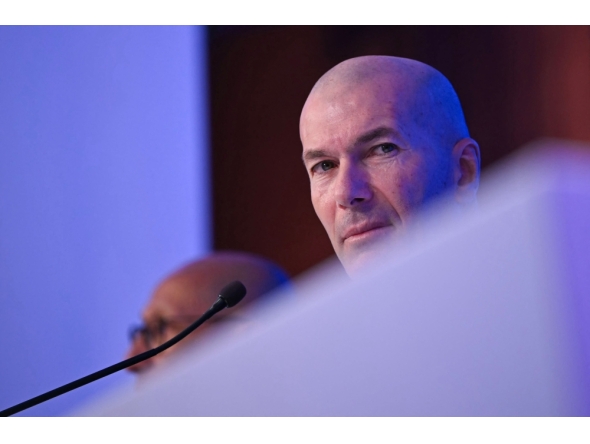 Former French international football player Zinedine Zidane speaks during a press conference to present him as the new head coach of France national football team on July 28, 2026. (Photo by Lou Benoist / AFP)