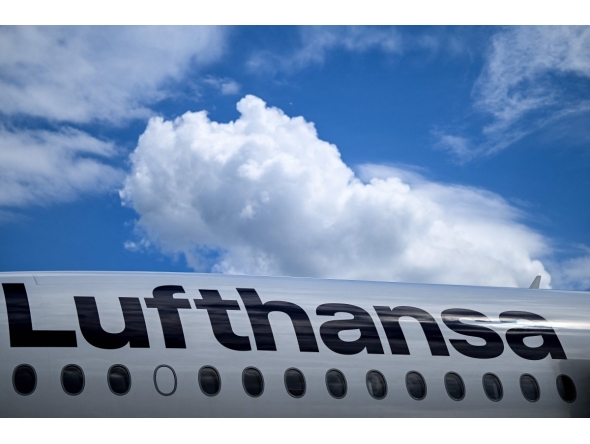 A German airlines Lufthansa sign is pictured on Lufthansa Airbus A350-900 at Frankfurt International Airport in Frankfurt am Main, western Germany, on June 2, 2026. Photo by Kirill KUDRYAVTSEV / AFP