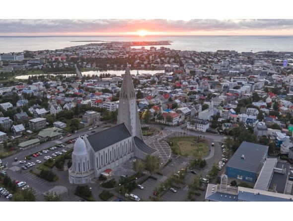 This aerial view taken on August 28, 2026, shows a panoramic view of Reykjavik, Iceland, with Hallgrimskirkja,  (Photo by Halldor KOLBEINS / AFP)