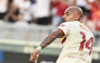 Roma's Dutch forward #14 Donyell Malen celebrates scoring Roma's first goal during the Italian Serie A football match between Torino FC and Roma at the Olympic Stadium Grande Torino in Turin, northern Italy on September 14, 2026. (Photo by Isabella BONOTTO / AFP)