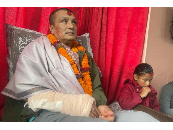 Nepali flood survivor Kabir Maharjan in an AFP interview at his home in Kirtipur on September 25, 2026. (Photo by Anup Ojha / AFP)