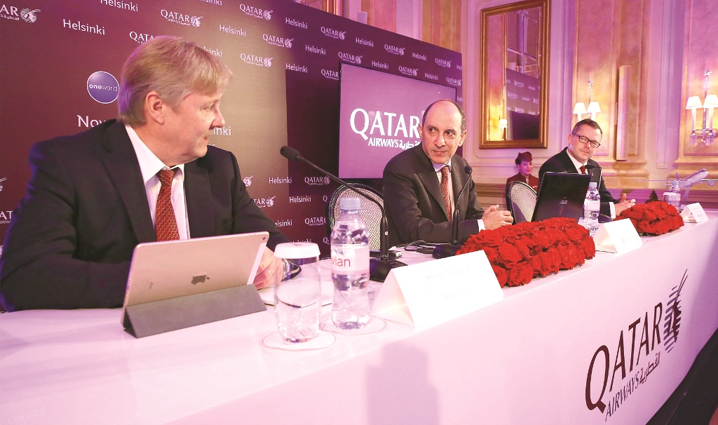 Qatar Airways Group Chief Executive Akbar Al Baker (centre) at the press conference in Helsinki with Finavia President and Chief Executive Officer Kari Savolainen (left) and Qatar Airways Senior Vice-President for Europe Jonathan Harding.