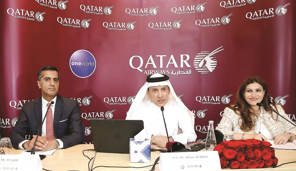 File photo of Qatar Airways Group Chief Executive Akbar Al Baker (centre) addressing a press conference. 