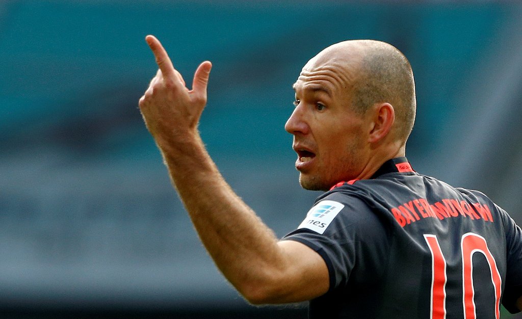 Bayern Munich's Arjen Robben gestures during the match. REUTERS/Michaela Rehle