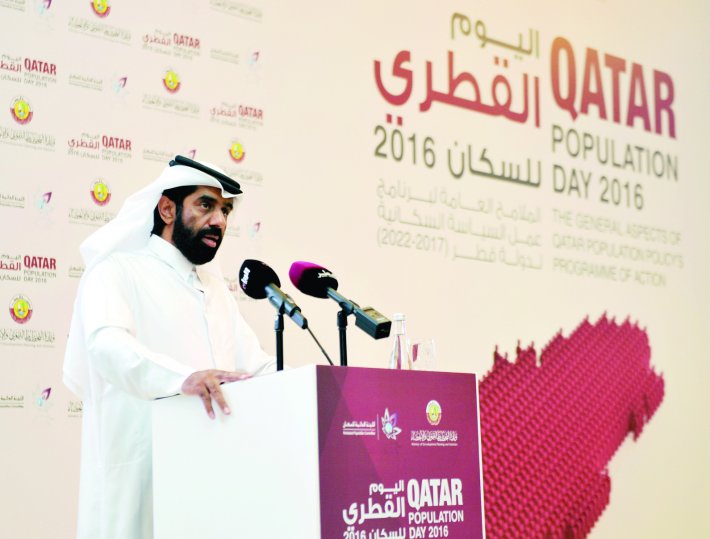 H E Dr Saleh Mohamed Salem Al Nabit, Minister of Development Planning and Statistics, at the opening session of Qatar Population Day in Four Seasons Hotel yesterday. Pic: Abdul Basit/ The Peninsula
