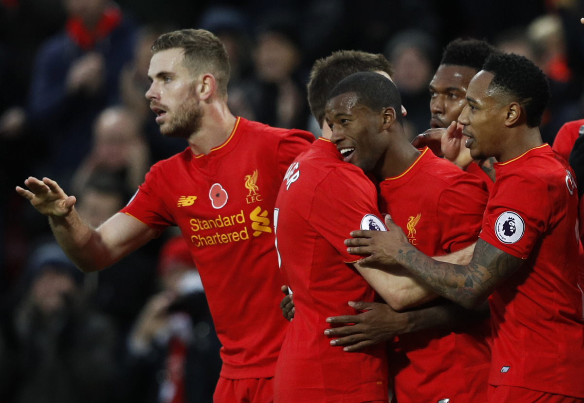  Liverpool's Georginio Wijnaldum celebrates scoring their sixth goal with team mates. (Reuters / Phil Noble)