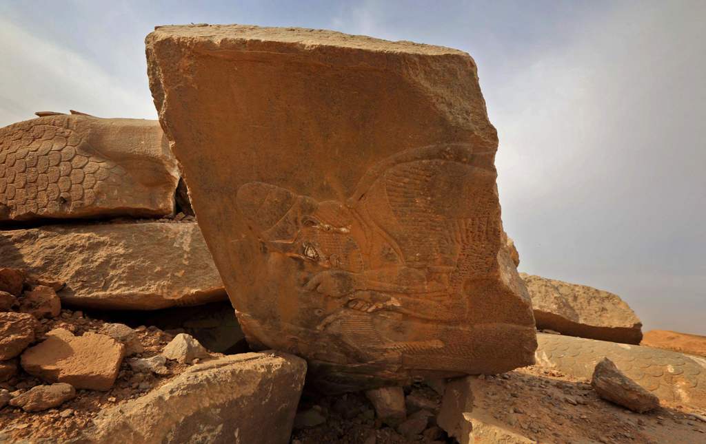 A picture taken on November 15, 2016, shows destruction caused by the Islamic State (IS) group at the archaeological site of Nimrud, some 30 kilometres south of Mosul in the Nineveh province, a few days after Iraqi forces retook the ancient city IS jihadi