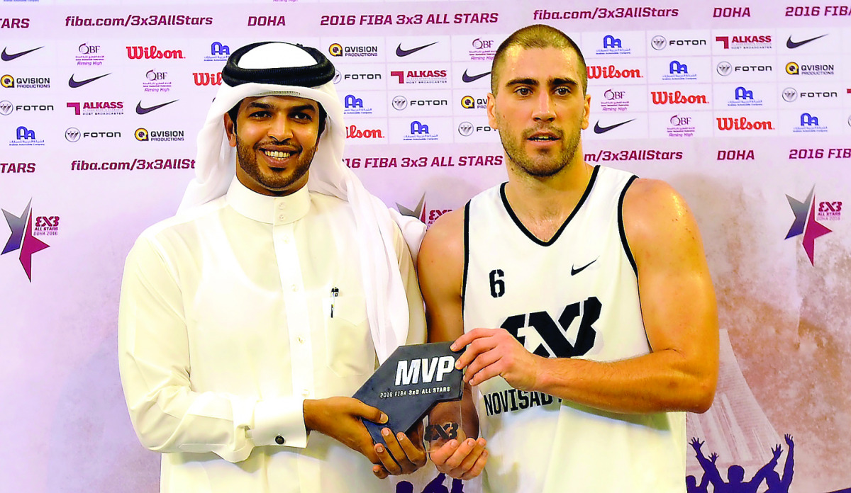 Dusan Domovic Bulut of Novi Sad Al Wahda, UAE, receiving his MVP of the 2016 FIBA 3x3 All Stars in Doha on Friday night.