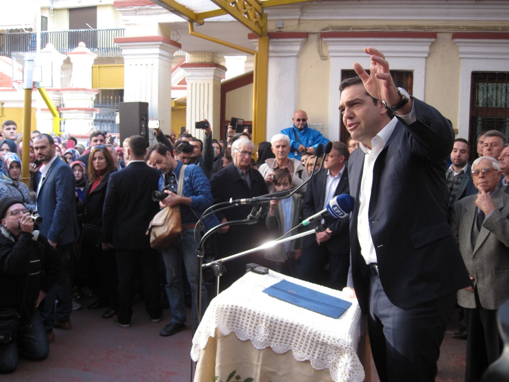 Greek Prime Minister Alexis Tsipras delivers a speech during his visit at Filira village, one of the biggest Turkish villages in Western Thrace, in Komotini, Greece on November 25, 2016. ( Mehmet Hatipo?lu - Anadolu Agency )
