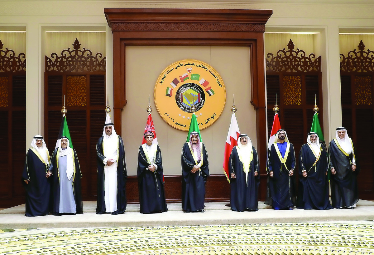 Emir H H Sheikh Tamim bin Hamad Al Thani with other GCC leaders during the 37th session of the GCC Supreme Council in Manama, Bahrain, yesterday.