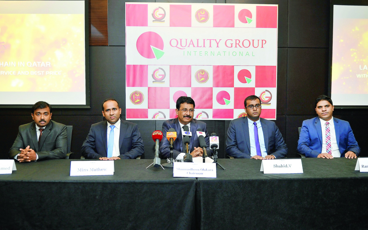 Shamsudheen Olakara (centre), Chairman Quality Hyper market, Rayees Ahammed (first left), Mins Mathew (second left), Shahid  V (second right) and Ramshad Hassan during the press conference in Al Khor. Pic: Abdul Basit / The Peninsula
